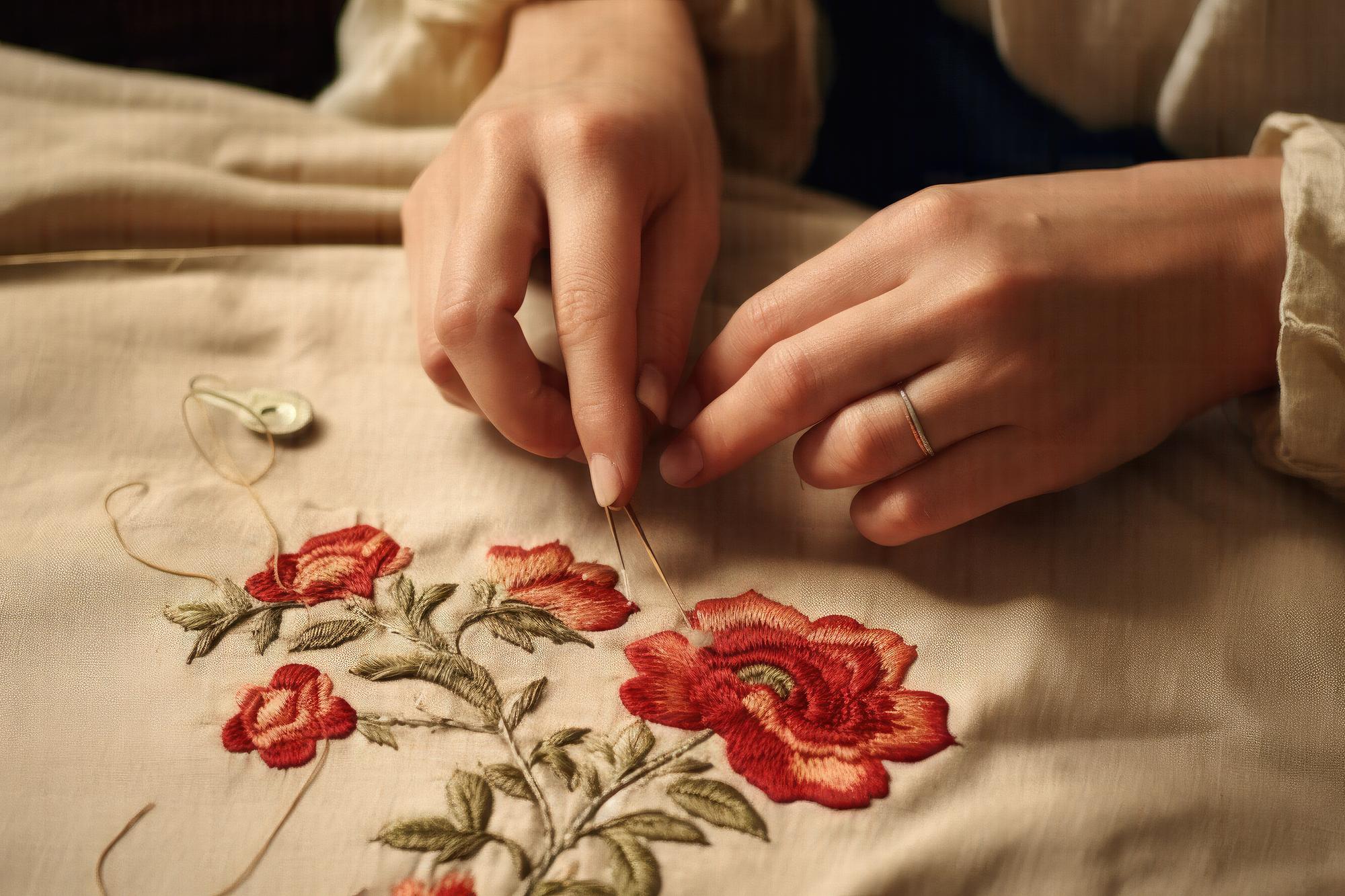 Close-up of hands embroidering a floral pattern on linen